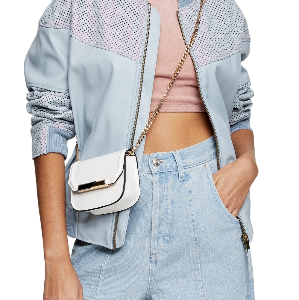 TOPSHOP  NEW  $110 Idol Perforated Faux Leather Bomber Jacket in Blue in size 4